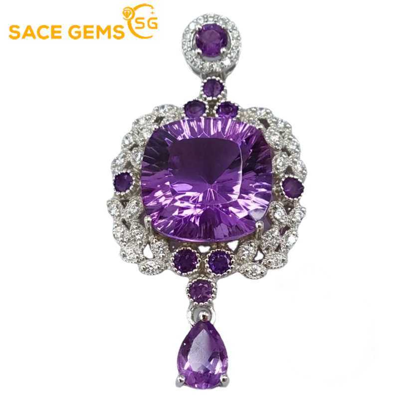 SACE GEMS S925 Sterling Silver 13MM Natual Amethyst Pendant Necklaces for Womne Engagement Cocktail Party Fine Jewelry