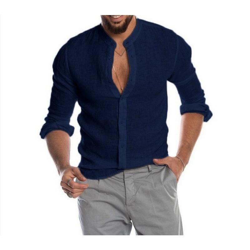 Autumn Winter V-neck Cotton Linen Cardigan Standing Collar Long Sleeved Men's Shirt