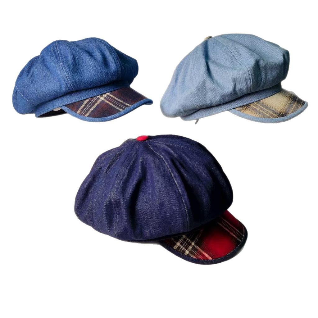 Painter British Octagonal Hat Showing Face Plaid New Retro Denim Beret Niche Big Head Cloud Hat