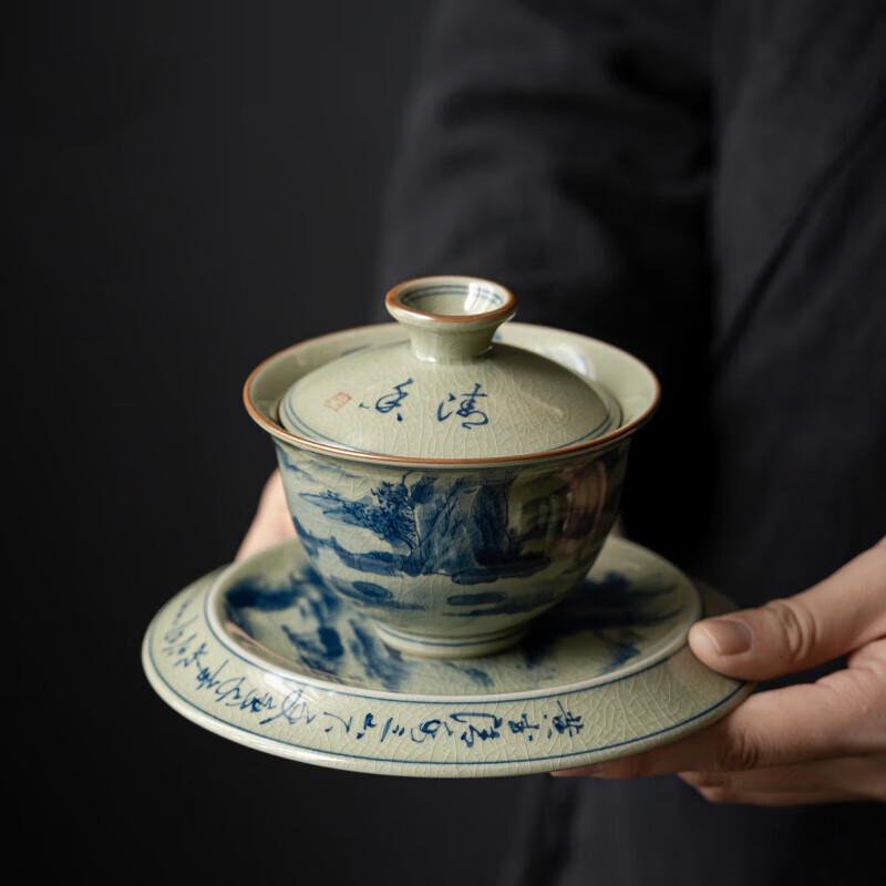 Traditional Hand-painted Blue & White Ceramic Gaiwan Tea Set