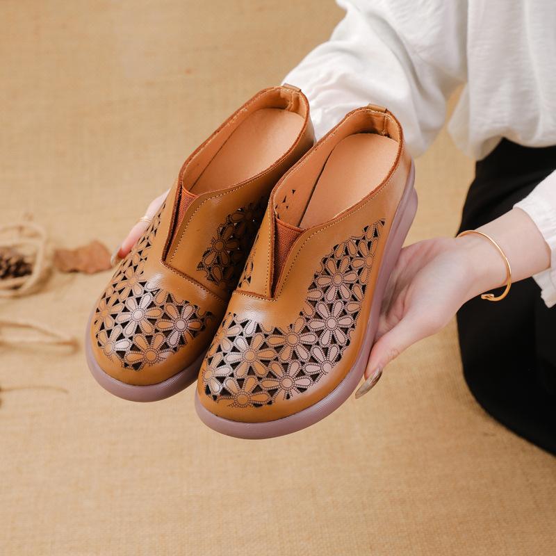 The First Layer of Cowhide Muffin Sole Heightening Women's Shoes Casual Leather Hollow Women's Slippers Breathable and Comfortable Hole Shoes