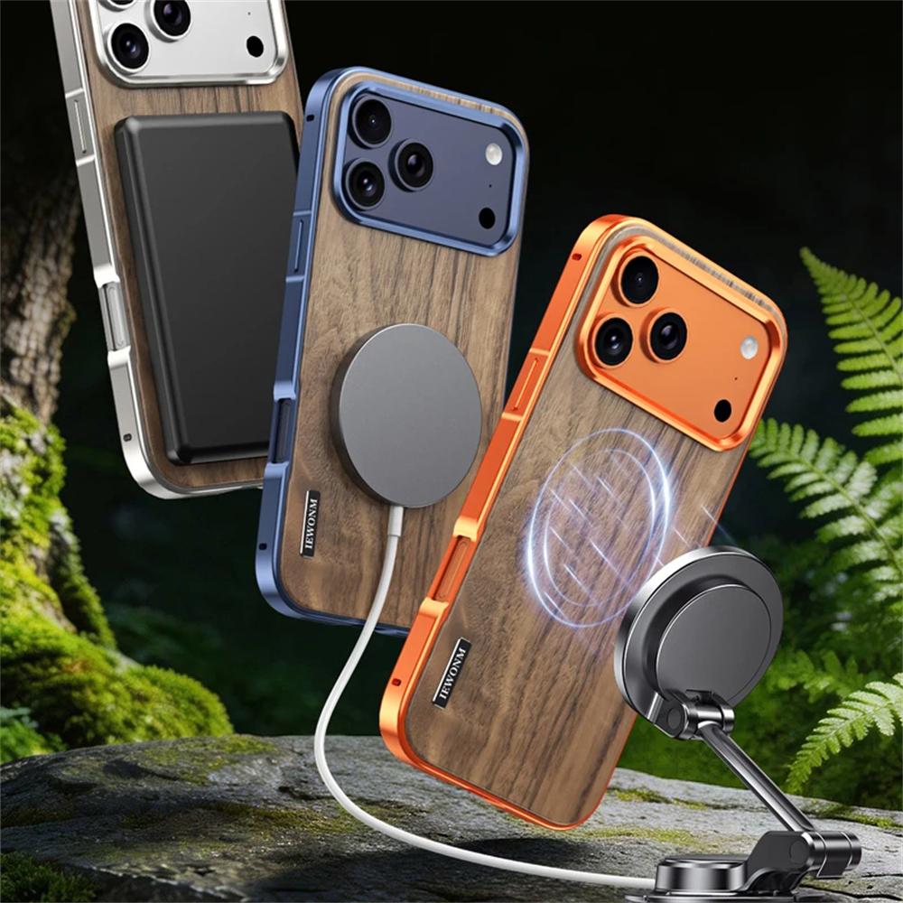 Luxury For iPhone 17 16 15 Pro Max Alloy Solid Wood Back Panel Hybrid Phone Case For Magsafe Wireless Charging Aluminum Alloy Cover
