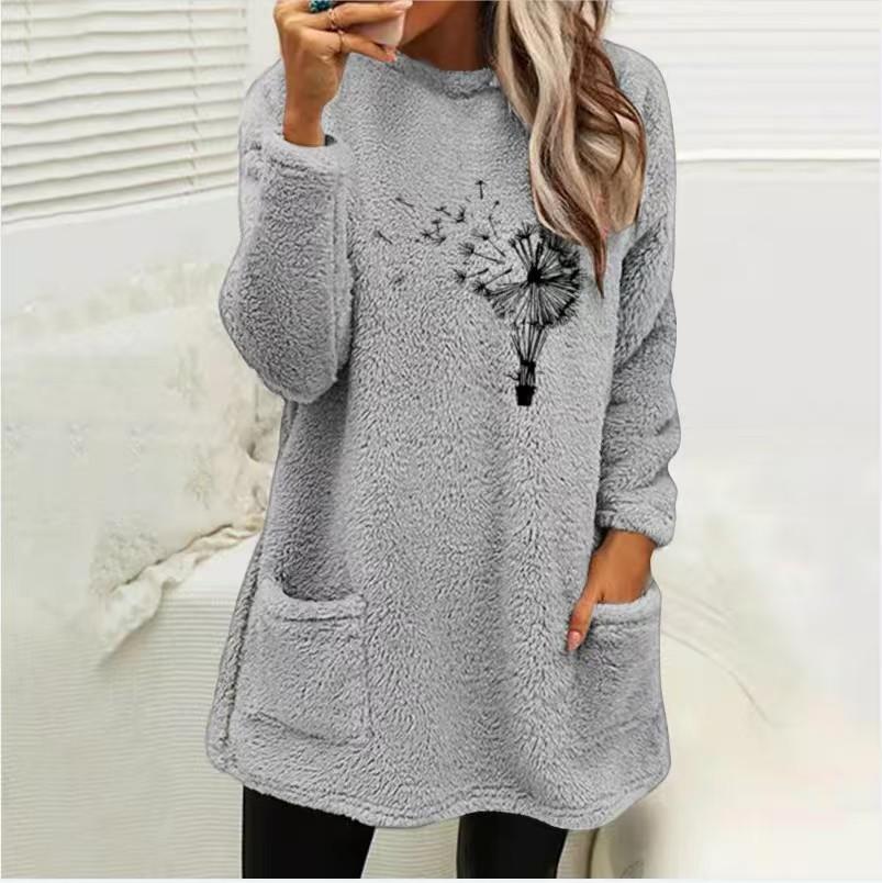 Women's Loose Fit Crew Neck Tunic Sweatshirt Long Sleeve Double Fleece Pullover Top Dandelion Floral Print Casual Fall Sweater With Side Pockets
