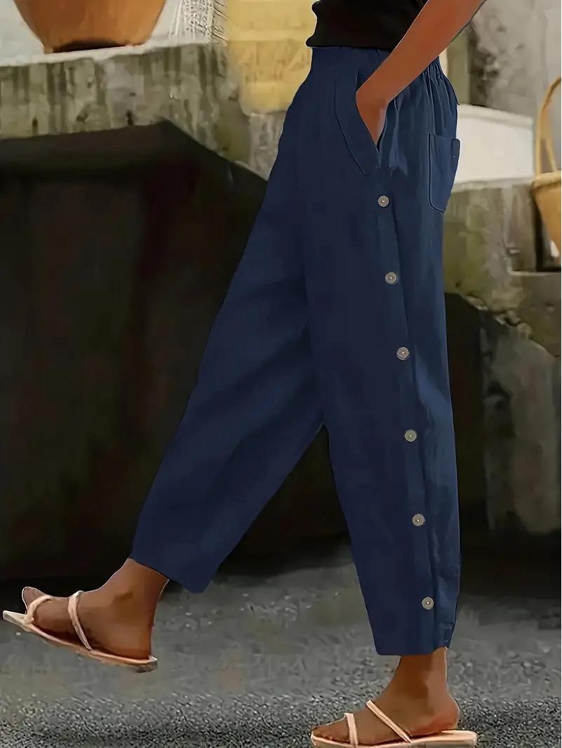 

Versatile Women s Elastic Waist Straight Leg Cropped Pants L синий
