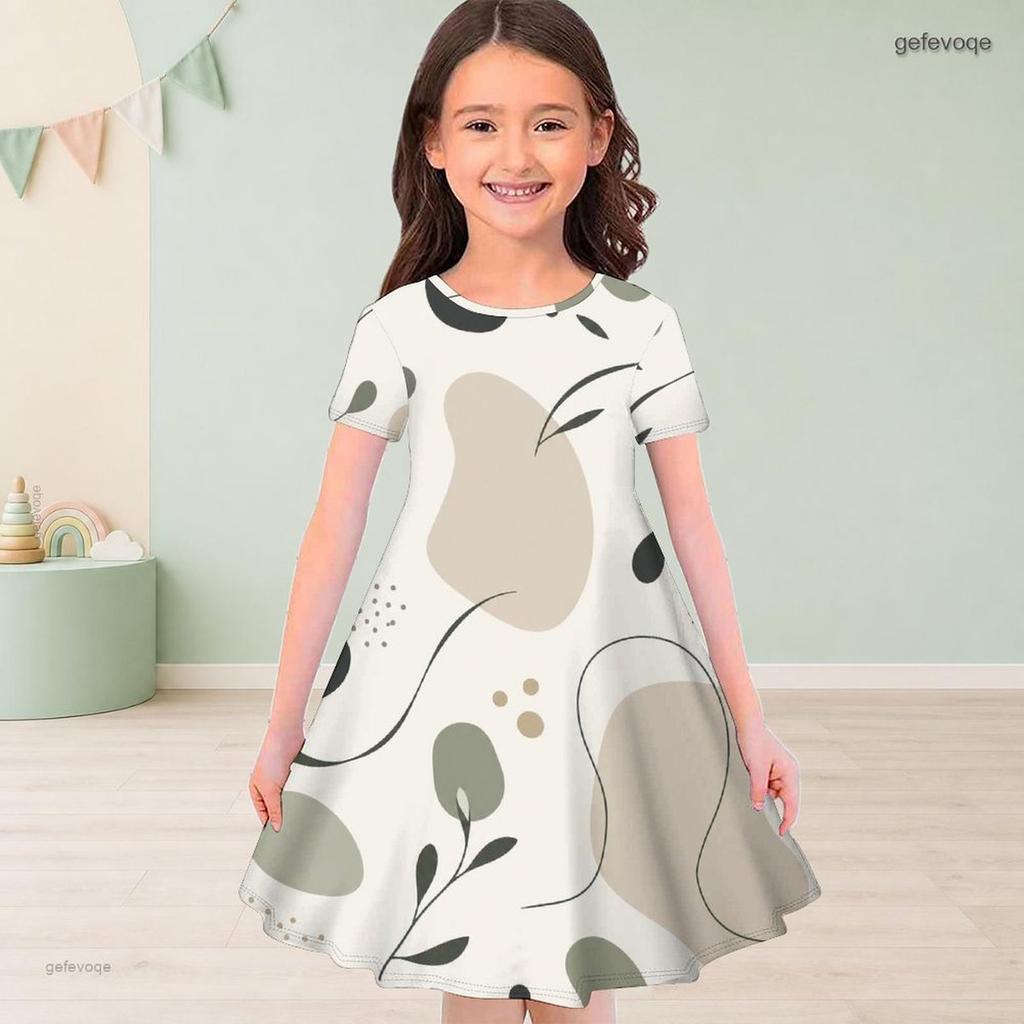 Girls Round Neck Short Sleeve Abstract Marble Printed A Line Flared Dress