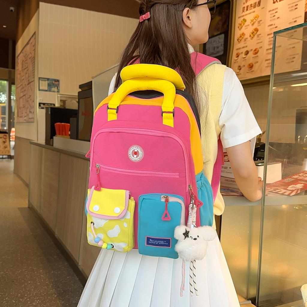 Schoolbag bright yellow contrasting color dopamine splicing backpack college student Korean vitality wind short trip shopping play backpack