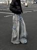 Plus Size Retro Y2K Distressed Blue Cargo Pants for Women -  Floor-Length Design