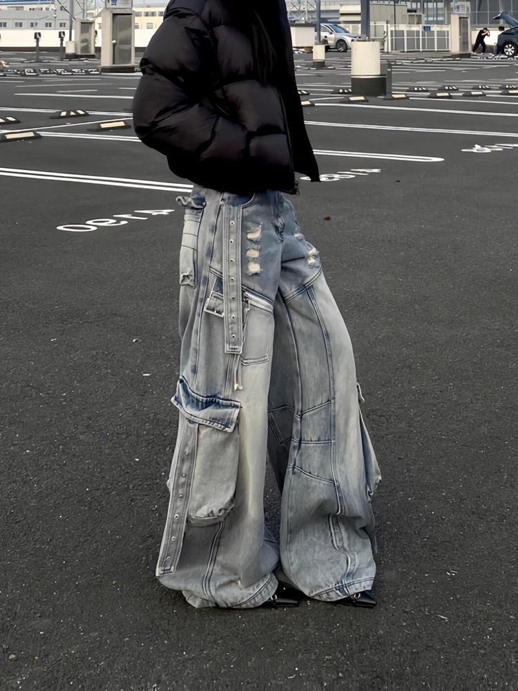 Plus Size Retro Y2K Distressed Blue Cargo Pants for Women - Floor-Length Design