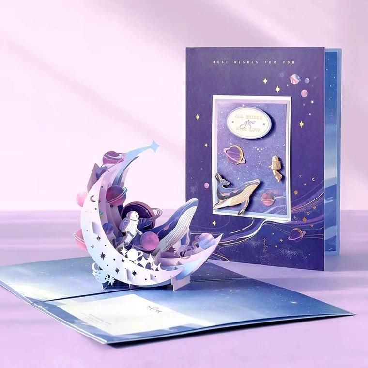 Handmade 3D Blue Birthday Card with Music and Cake Design – Elegant Gift for Friends