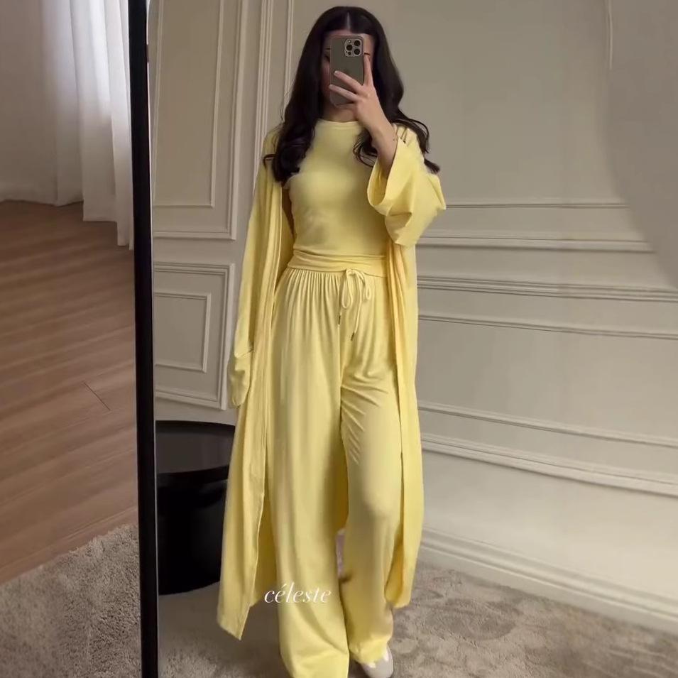 Autumn and Summer Season Comfortable and Versatile Commuting Daily Wide-leg Pants Waist and Thin Tight Top Jacket Three-piece Set