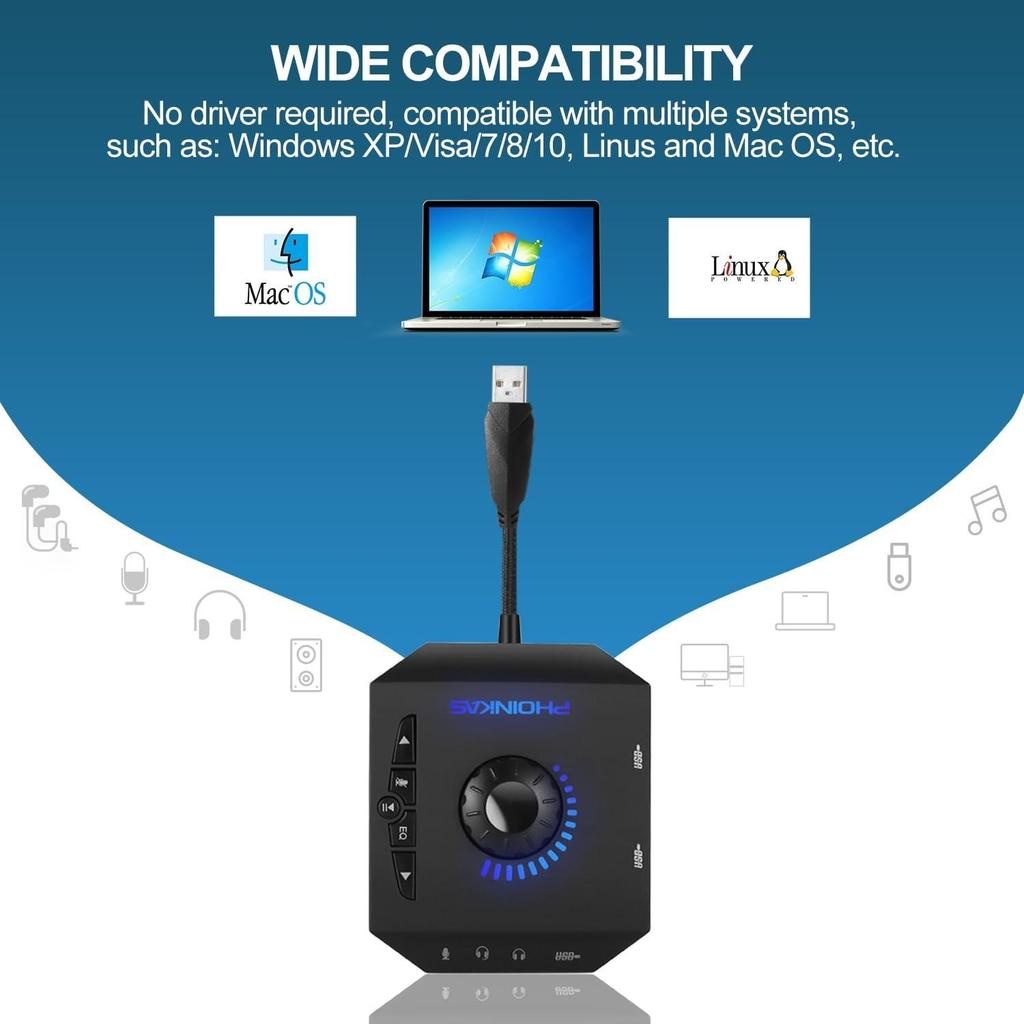 T10 Externe Soundkarte, USB-Audioadapter für PC, Windows, Mac, Linux, Laptops, Desktops, 0,138-Zoll Stereo-Soundkarte und USB-Schnittstelle,