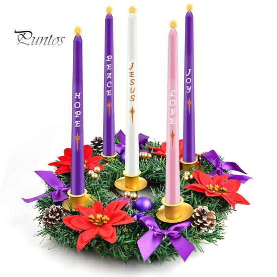 Christmas Wreath 12 Inch Reusable Artificial Pine Needle Wreath with 4 Candle Holders Christmas Wreath with Ribbon Pinecone Berries for Home