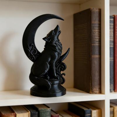 3D Printed Howling Wolf Sculpture with Crescent Moon Base, Matte Black Finish Collector Art, Gothic Black Statue for Bookshelf Desk