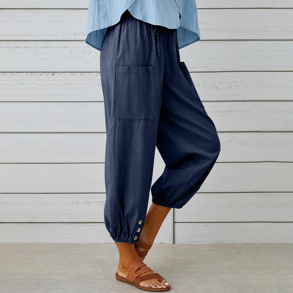 Vintage Boho Cotton Linen Pants for Women Summer Pockets Thin Beach Trousers Woman Casual High Waist Loose Harem Pants