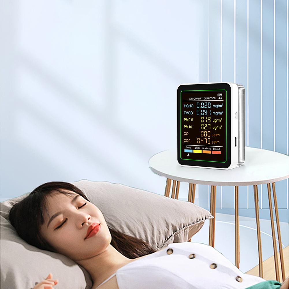 6-in-1 Air Quality Meter Real-Time CO2 Tester Portable Temperature Humidity Detector for Office School & Hotel