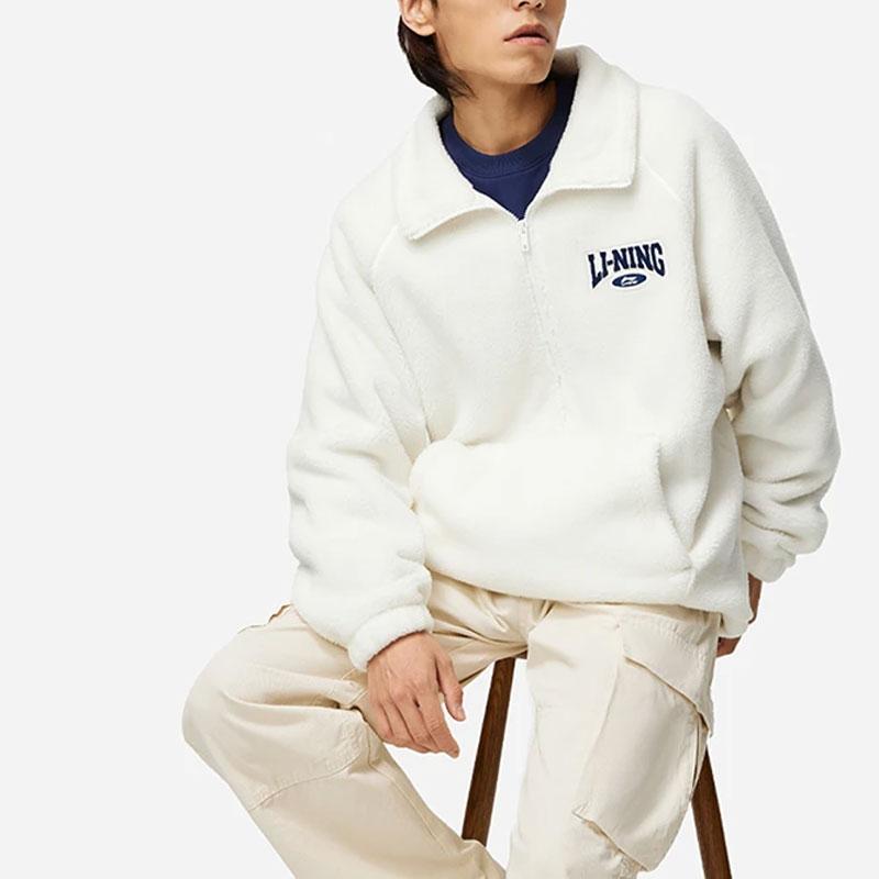 Li Ning Sports Lifestyle Series Letter Logo Printed Fleece Warm Sweatshirt Unisex Sweatshirt Off-White AWDTB53-1