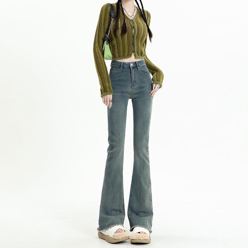 

Джинсы с высокой талией в стиле ретро микро-клеш для женщин - Приталенные брюки петит с необработанным краем Large