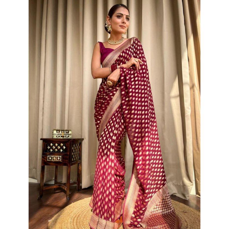 Royal Banarasi Soft Silk Saree – Timeless Zari & Jacquard Elegance малиновый