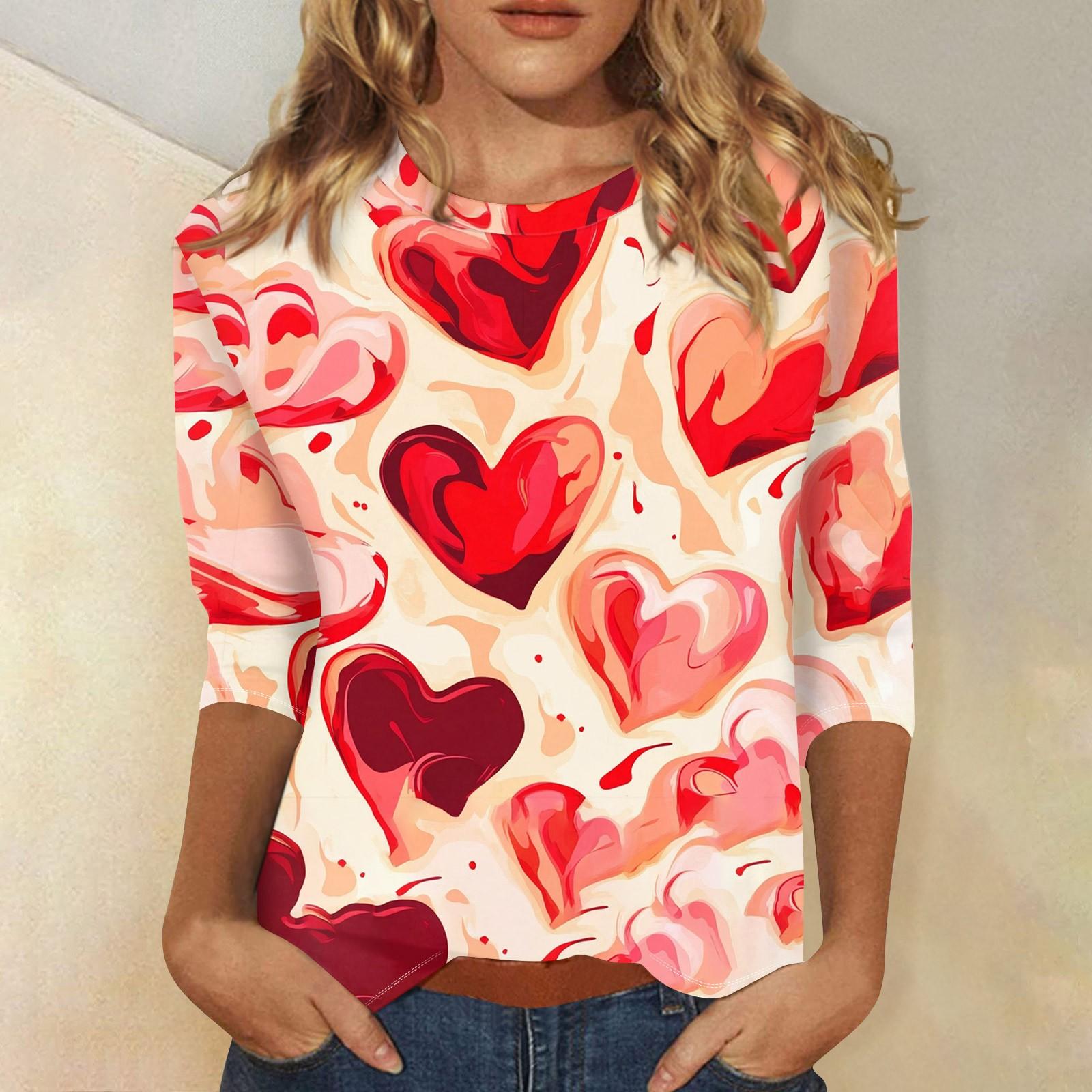 

Женская повседневная свободная футболка с круглым вырезом и принтом ко Дню святого Валентина с рукавами три четверти XL жёлтый