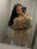 2025 A/W Women's French Tweed Short Coat with Fur Cuffs, V-neck, and Tie-waist - Solid Color.
