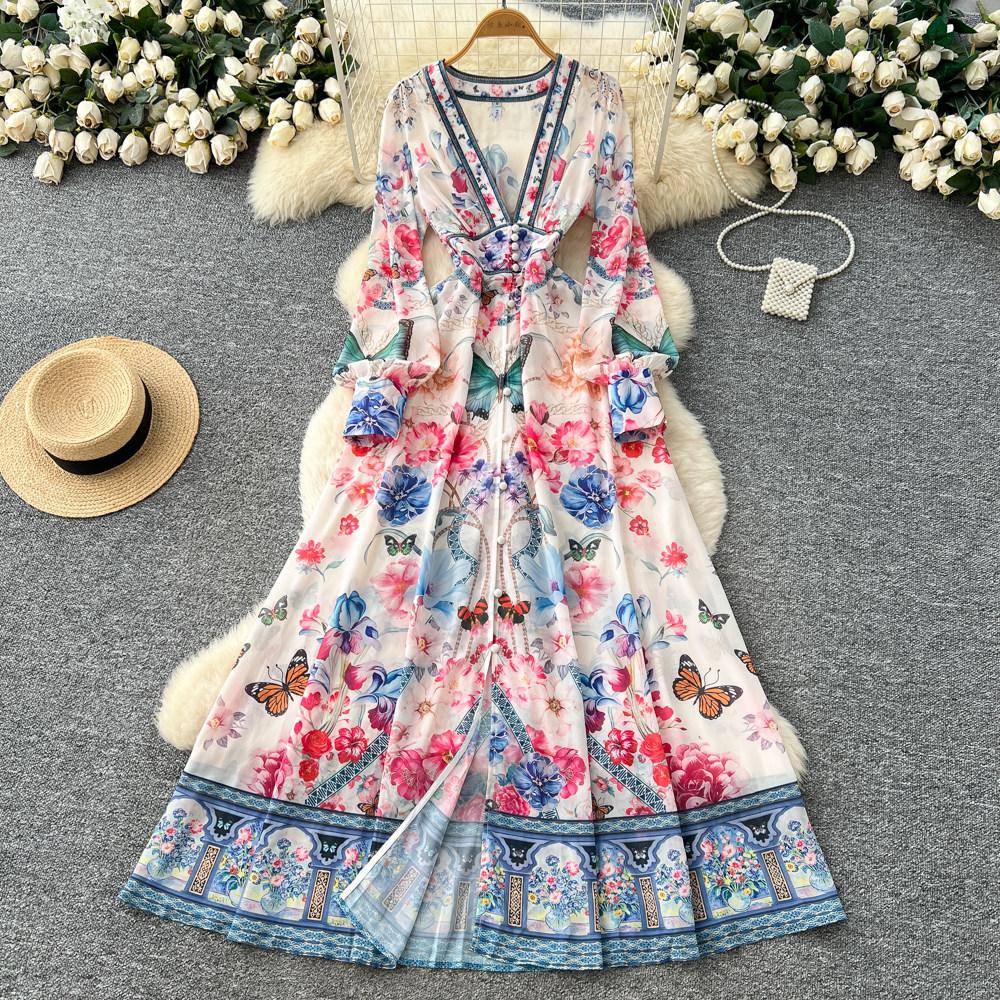 Palace Floral Maxi Dress Women Summer Holiday Chiffon Long Dresses Shirt 2026 Spring Long Sleeve Single Breasted Party Dress