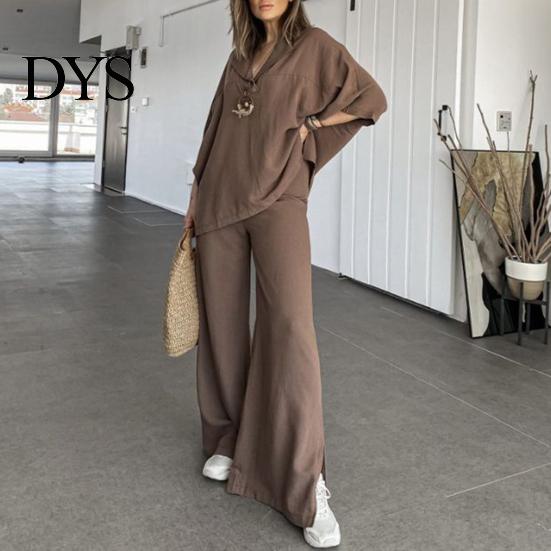 Lightweight Casual Outfit Women's Two-Piece Oversized 3/4 Sleeve Pullover Top And Spring Autumn Fashion Wide Leg Pants Set Fall Loose Lounge