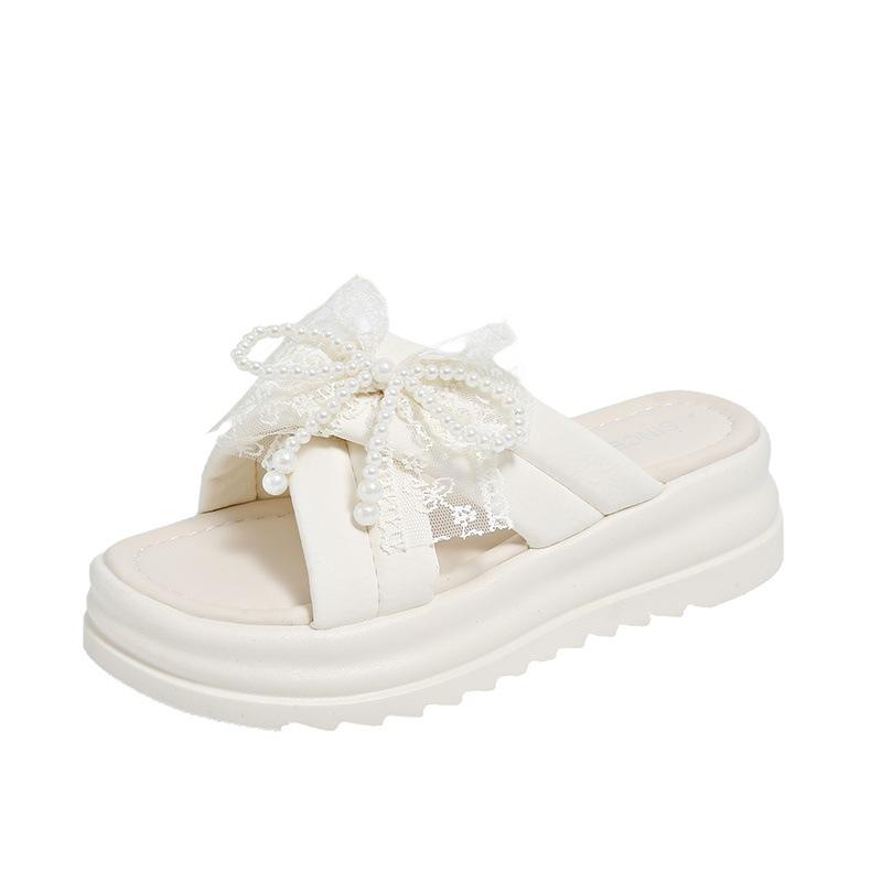 

Lace bow cool slippers women s summer wear 2025 new with skirt one-word drag beautiful platform sandals size 34 41