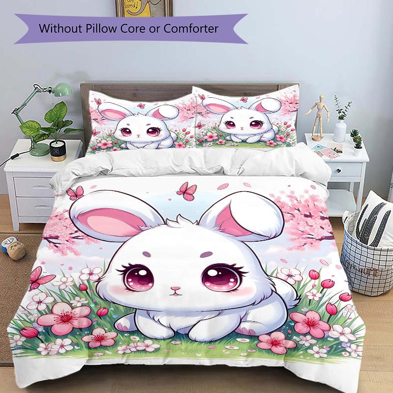 

3pcs Lively White Rabbit Pattern Bedding Three-Piece Set (No Fillings), Soft and Comfortable M072 135x200cm