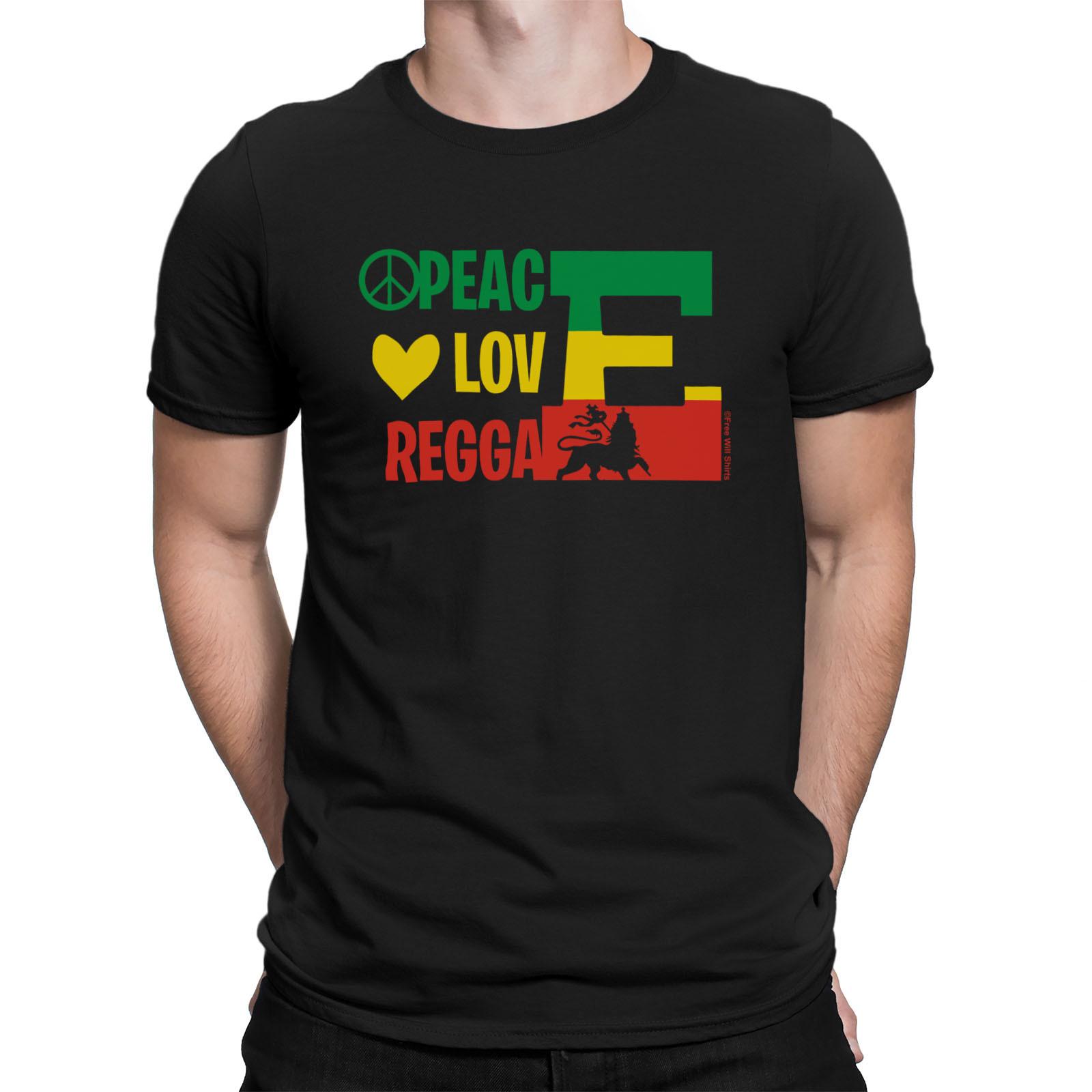 Mens Quality Cotton T-Shirt PEACE LOVE REGGAE Guitar Drum Jamaican Dance Music S разноцветный