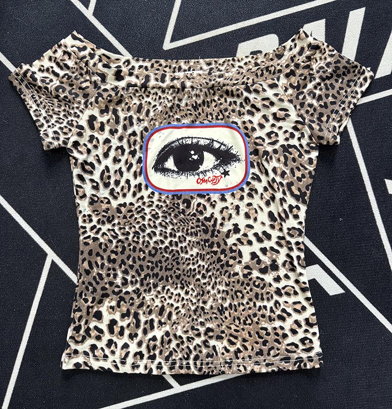 European-American Summer Retro Letter Print One-Shoulder T-Shirt