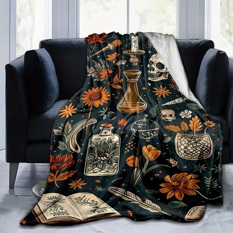 1pc Skull Printing Lightweight Flannel Blanket, Comfortable and Warm Blanket, for Camping Sofa Bed and Couch Office, In All Seasons