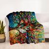 "Colorful Stained Glass Tree Wall Art Print"Blanket Flannel Throw Blanket for Sofa, Bed, Travel, Camping, Office, Couch, Chair, And Bed Gift