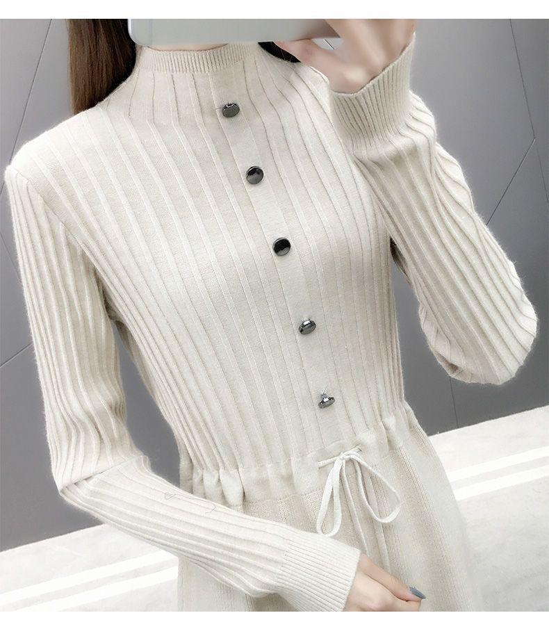 Women's Mid-Length Velvet Thick Knit Dress, Lace Loose Half-High Neck, Autumn/Winter 2025 Collection