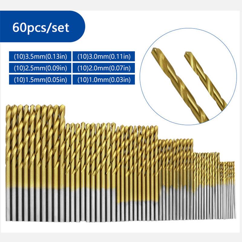 50PCS Titanium-Coated HSS Spiral Drill Bits, 1.0-3.0mm, Round Handle, Straight Shank