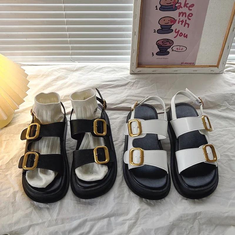 Fashion Gladiator Platform Women's Sandals 2025 Summer Women Flat Sandals Fashion Casual Metal Buckle Soft Bottom Ladies Sandals