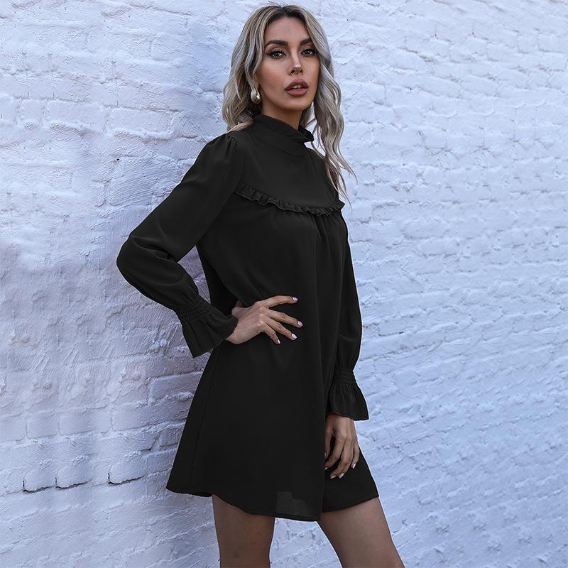 

Модная женская свободная короткая юбка однотонное платье с длинным рукавом и воротником-стойкой S чёрный