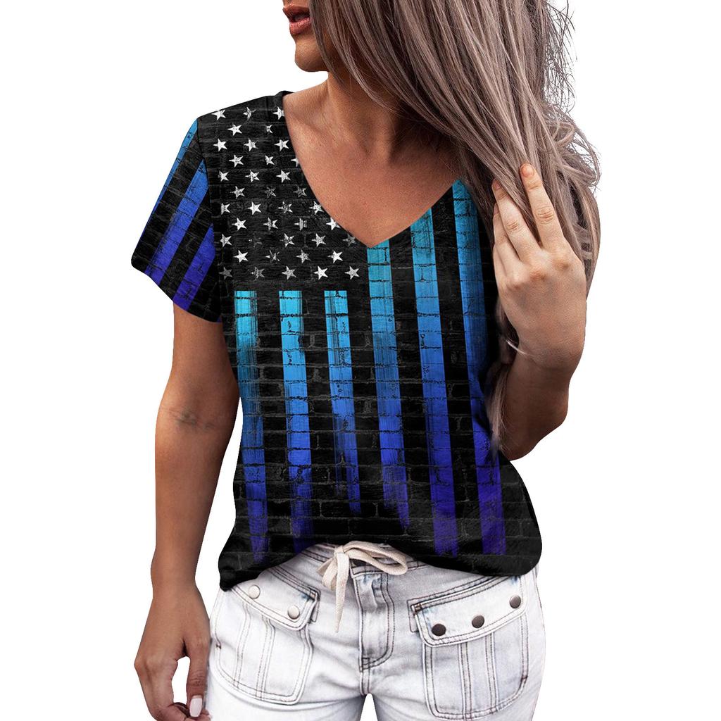 Summer Women Floral Print V Neck Short Sleeve Loose 3D T Shirt