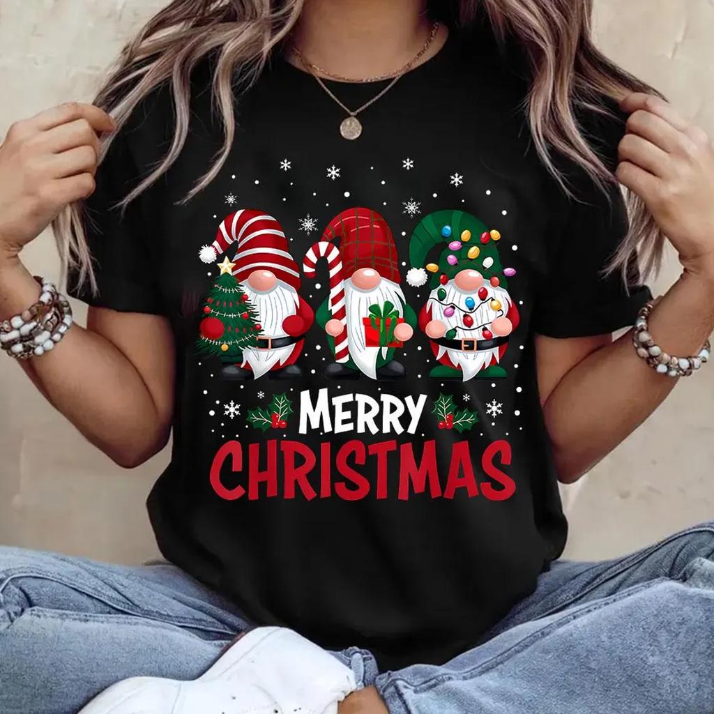 Women's Christmas Gnome Graphic T-Shirt Short Sleeve Round Neck Casual Top Washable Holiday Party Tee for Women, Gnome Gift