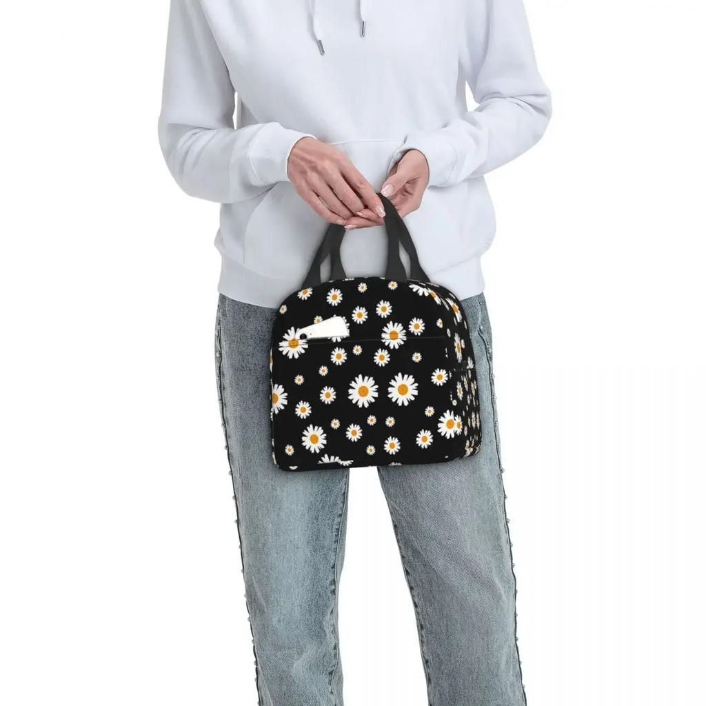 Custom Daisy Floral Lunch Bag Women Cooler Thermal Insulated Daisies Flower Lunch Box for Kids School Work Picnic Food Tote Bags