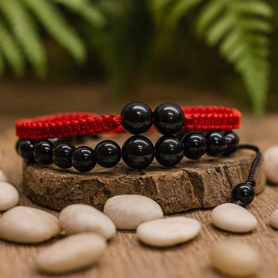 Black Agate Beaded Bracelets Set of 2