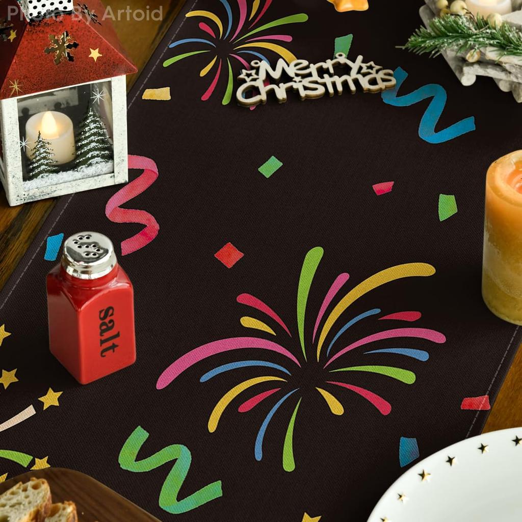 Artoid Mode Cheers Firework Ribbon 2025 Happy New Year Table Runner, Festival Kitchen Dining Table Decoration for Home Party Decor 13x72 Inch