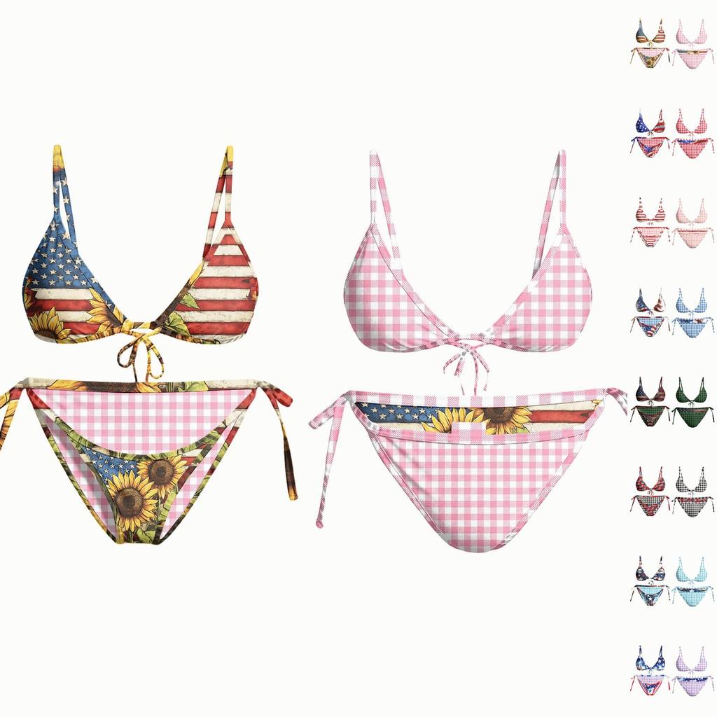 Womens Two Piece Bikini Set Adjustable Top Tie Side Bottom Reversible Printed Star Pattern Swimwear