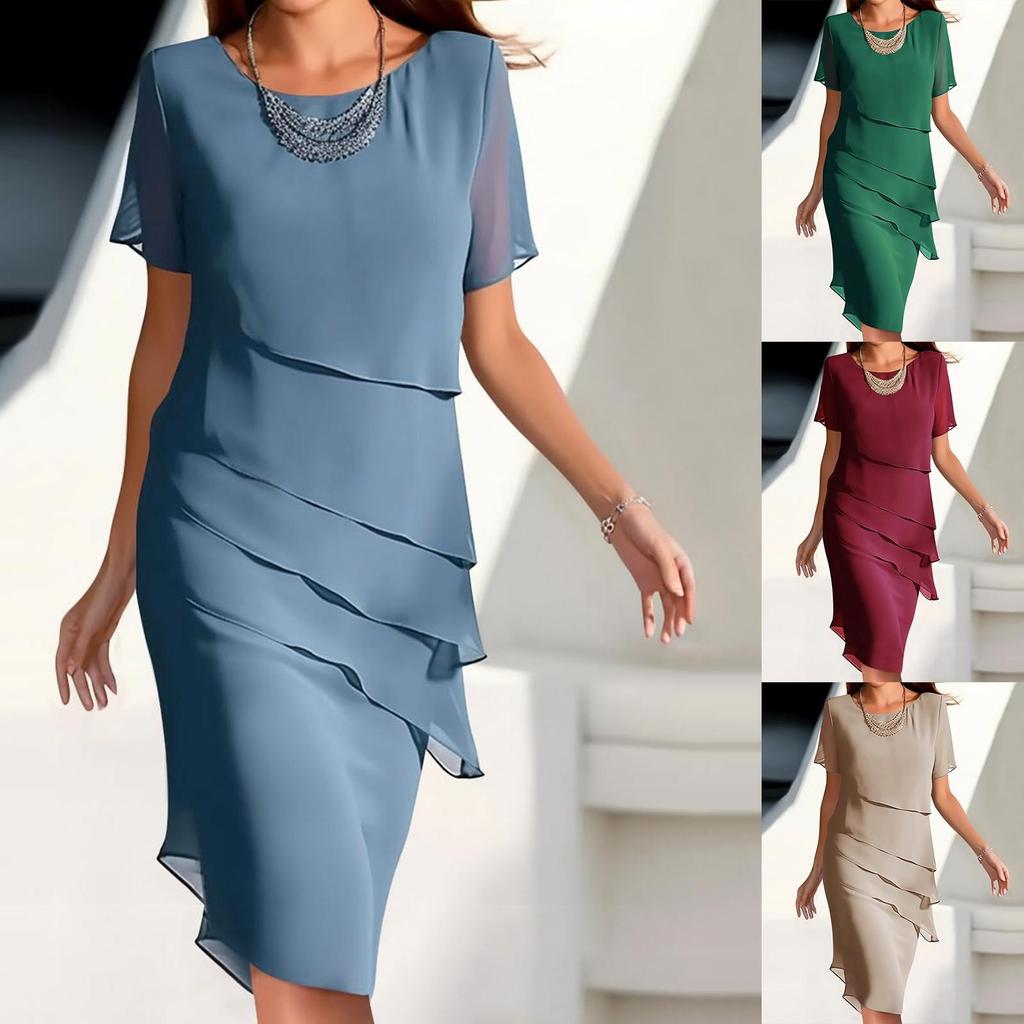 Vestido de Chifón de Verano para Mujer Cuello Redondo Manga Corta Vestido con Capas Dama Elegante Casual Suelto Vestidos Ajustados Femeninos Chic Vestidos