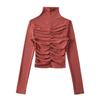 High Neck Pleated Design Waist-Cinching Long Sleeve T-Shirt for Women - Autumn/Winter