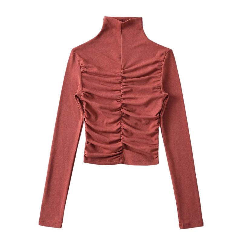 High Neck Pleated Design Waist-Cinching Long Sleeve T-Shirt for Women - Autumn/Winter