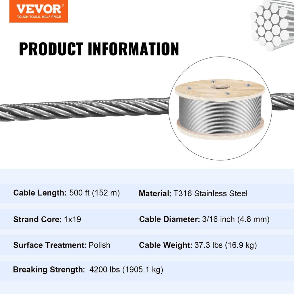 VEVOR 316 Stainless Steel Wire Rope 500ft Length, Steel Wire Cable 3/16 Inch, Steel Cable Railing Decking With 1x19 Strands Construction