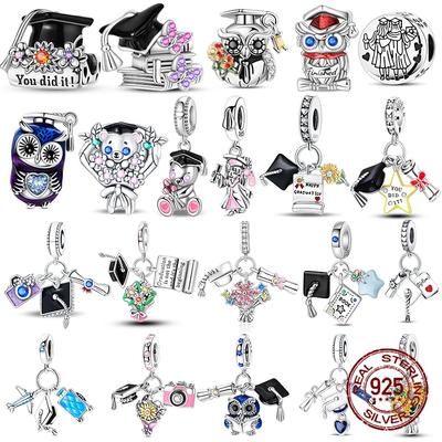 925 Silver Charms Bachelor's Cap Graduate Beads Pendant Fit Original Bracelet DIY Bead Gift for Graduation Ceremony
