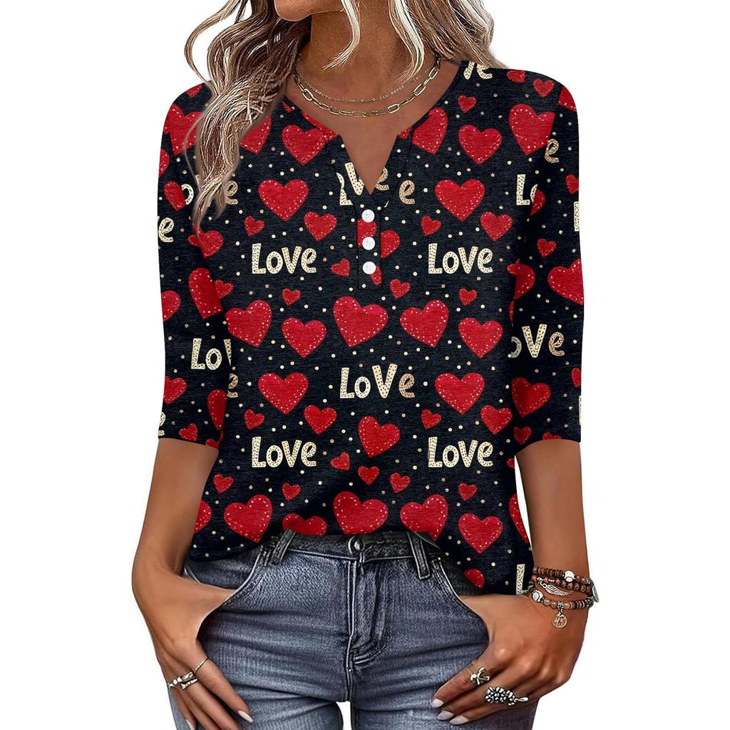 Women's T Shirt Print Button 3/4 Sleeve Daily Weekend Fashion Basic V- Neck Regular Top