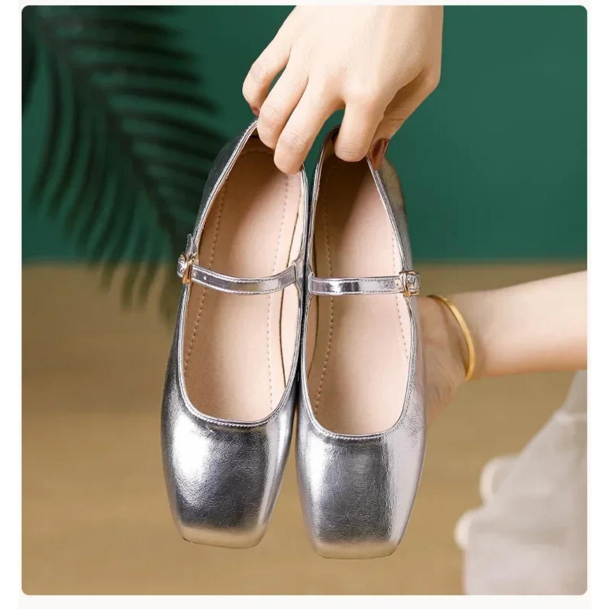 

2025 Элегантные женские туфли-лодочки с квадратным носком в стиле Лолиты, босоножки, золотистые балетки, элегантные туфли Мэри Джейн на мягкой подошве 44 серебряный