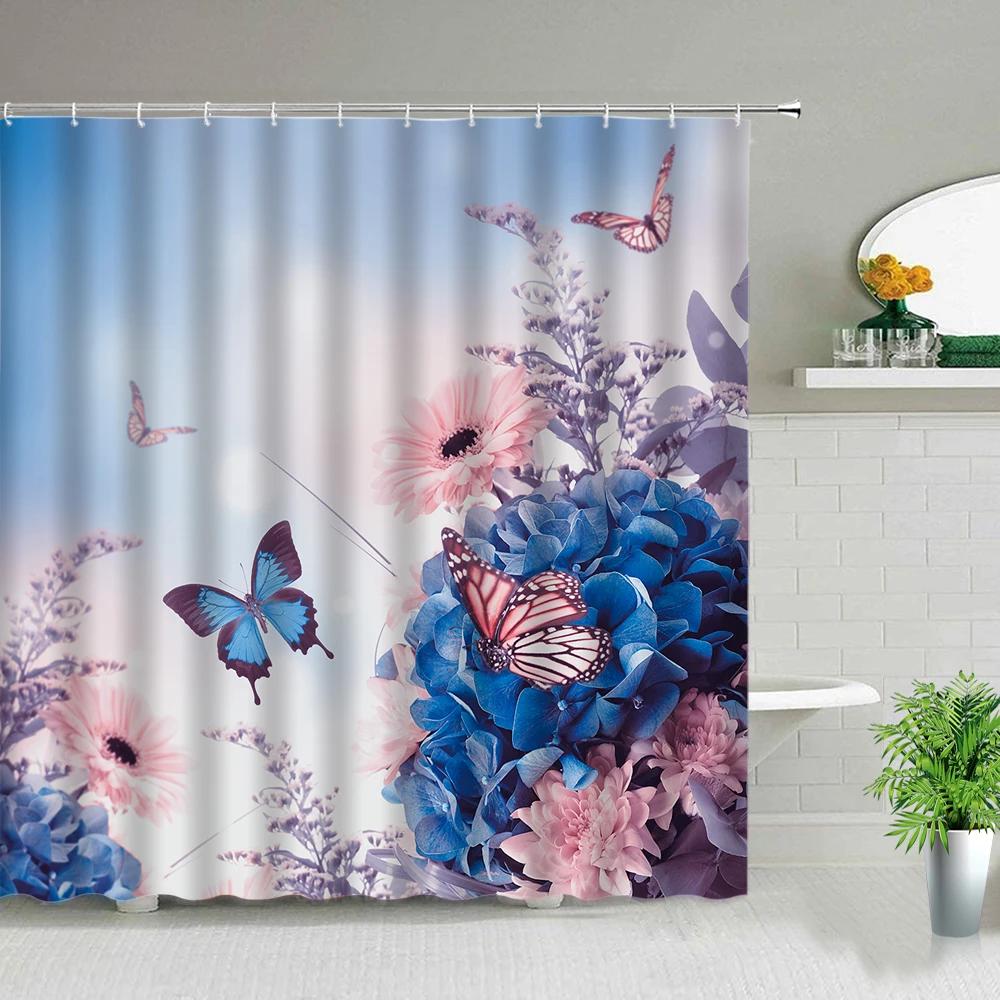 Pink Flower Plant Scenery Shower Curtains Rose Tulip Butterfly Spring Landscape 3d Printing Bathroom Waterproof Bath Curtain Set